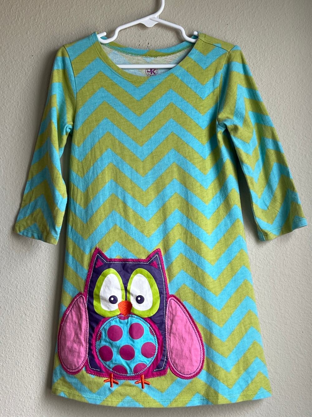 J. Khaki Blue Green Chevron Owl Applique Long Sleeve Cotton Dress Size 6